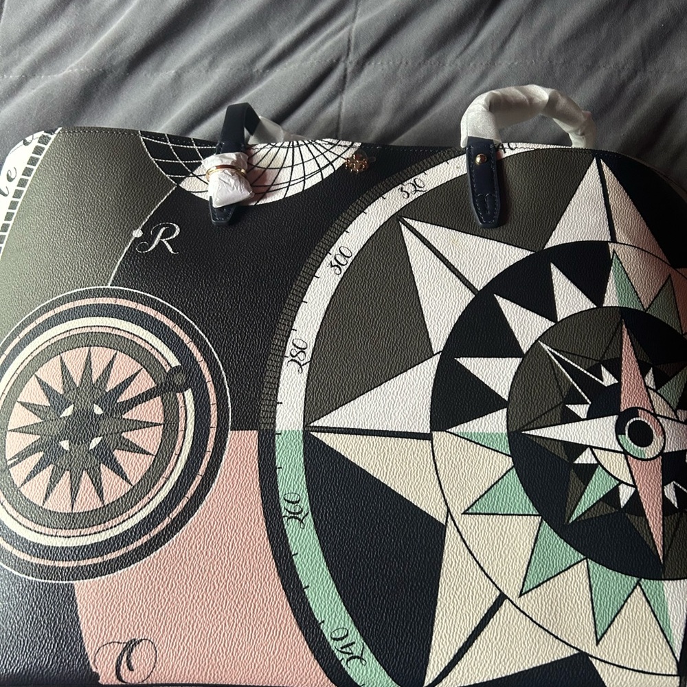 Tory Burch Compass Design Tote in Black, Pink, and Green